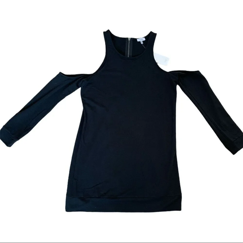 TOBI Women’s Cold Shoulder Zipper Back Fleece Dress Black Size Medium